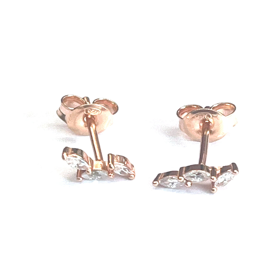 3 stone studs silver earring with  pink gold plating