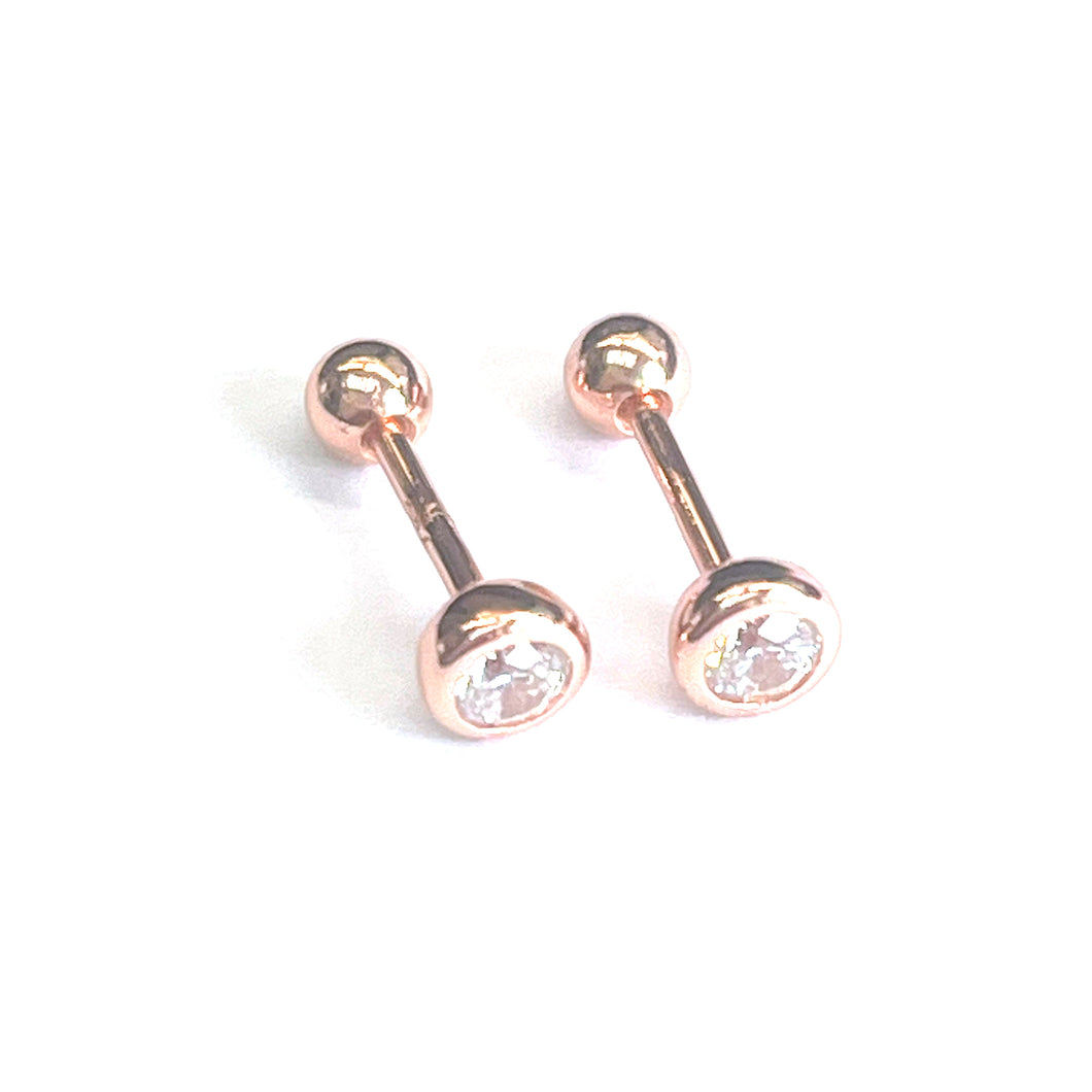 4mm CZ silver earring with silver ball & pink gold plating