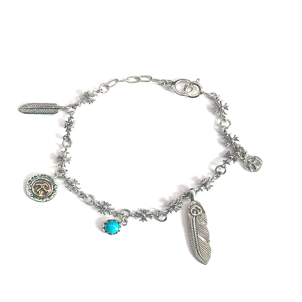 Cross pattern silver bracelet with  turquoise & feather