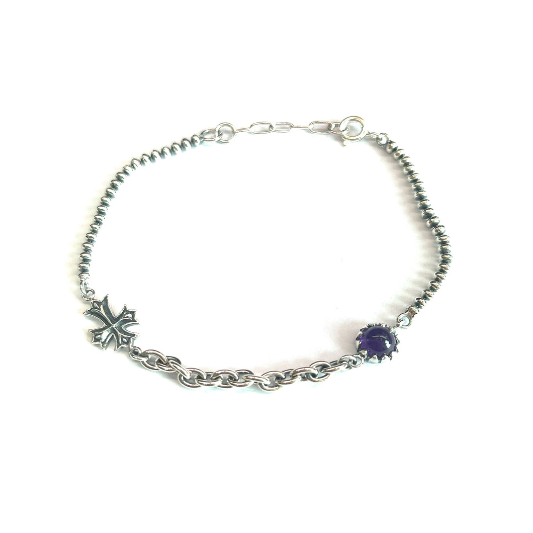 Cross silver bracelet with  big Amethyst crystal