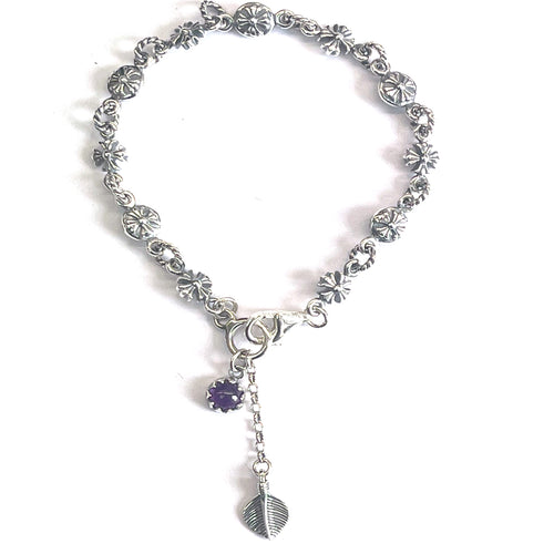 Cross silver bracelet with  purple stone & leave