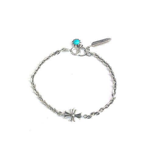 Cross silver bracelet with  turquoise & feather