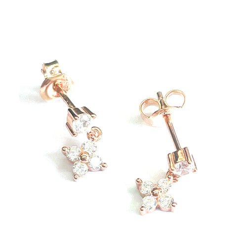 Flower studs silver earring with  white CZ & pink gold plating