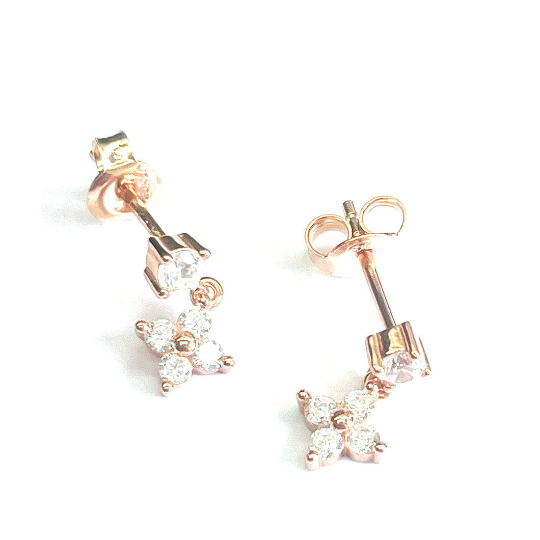 Flower studs silver earring with  white CZ & pink gold plating