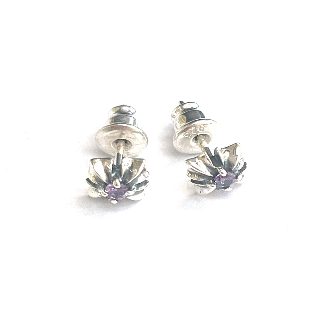 Small cross silver earring with purple CZ