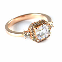 Big square & small CZ silver wedding ring with pink gold plating