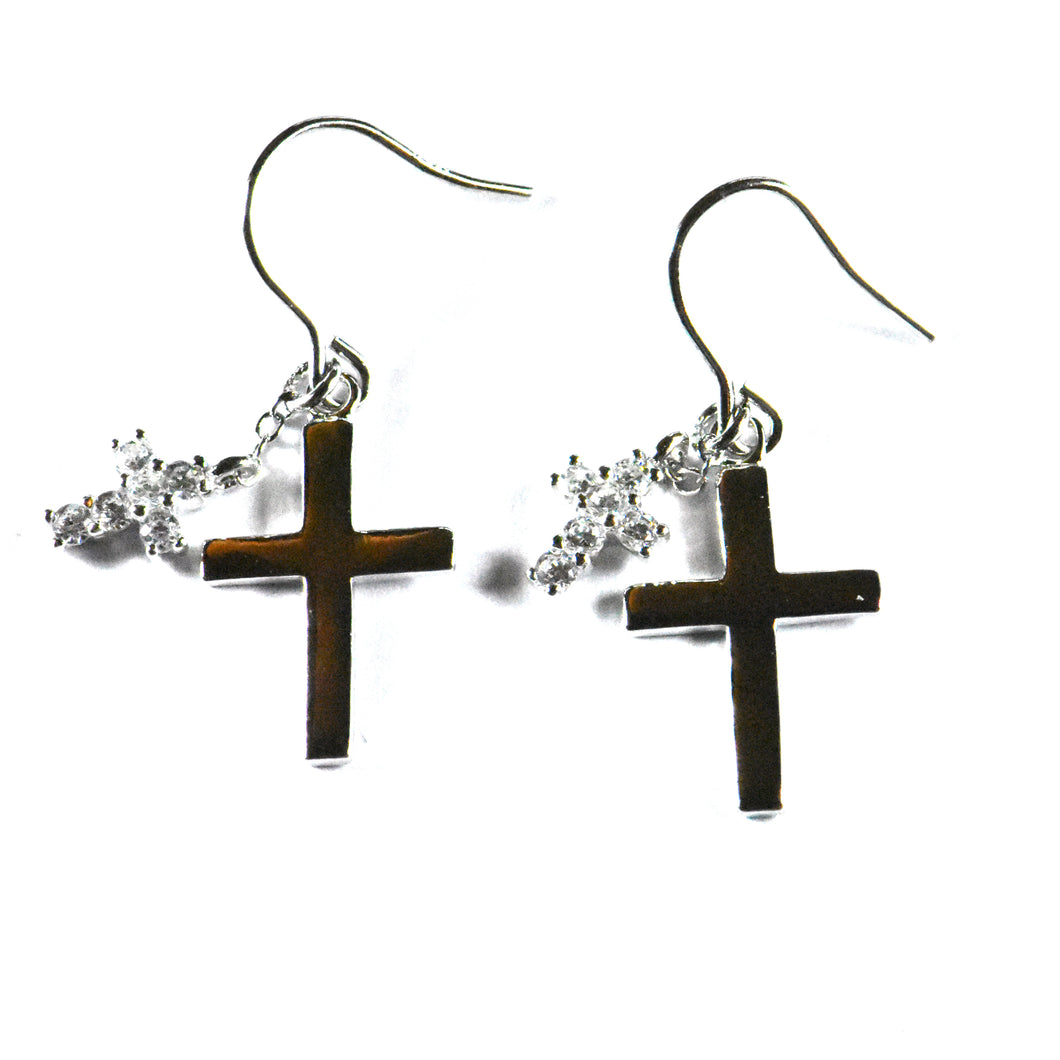 Cross silver earring with hook & cross CZ