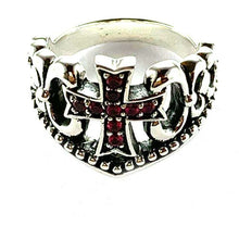 Cross silver ring with small red CZ & ribbon pattern