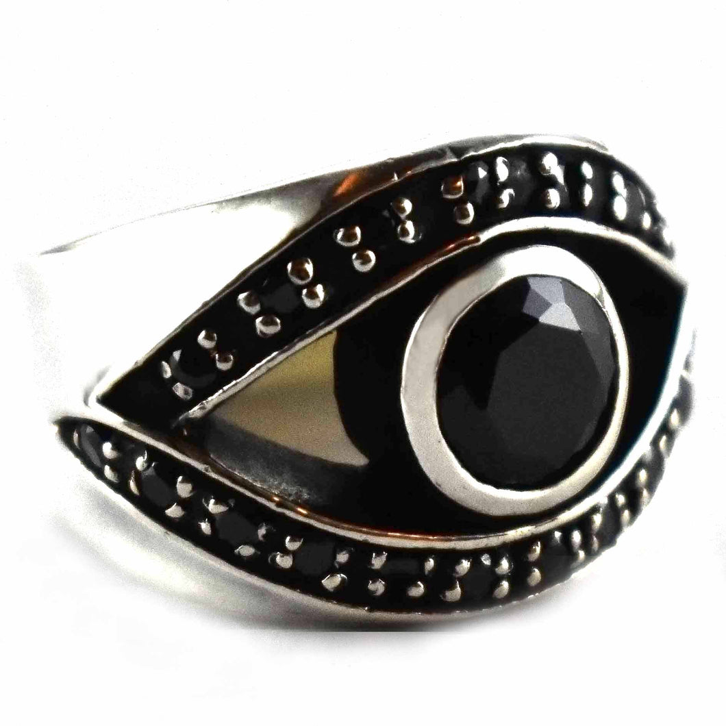 Eye pattern with round black cubic zirconia silver ring