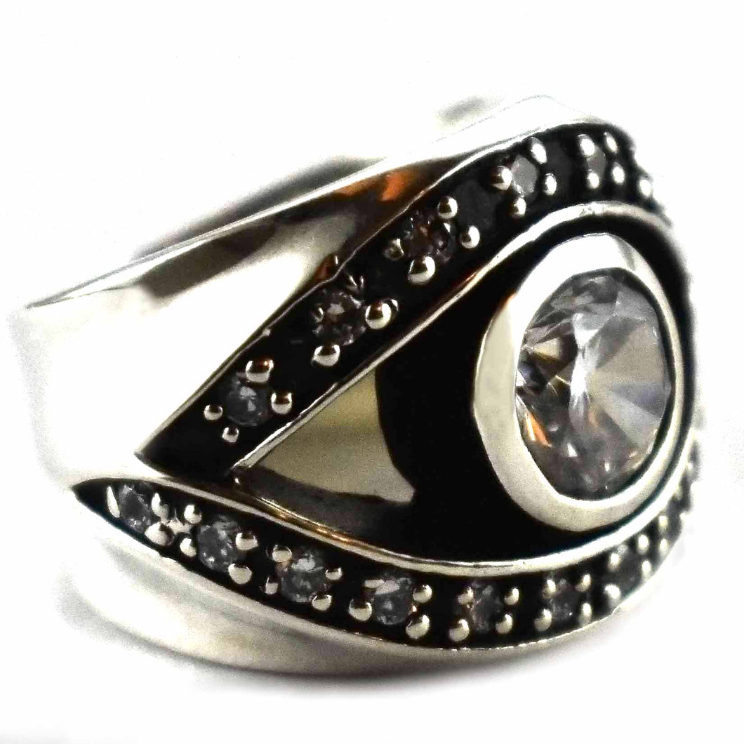 Eye pattern with round white cubic zirconia silver ring