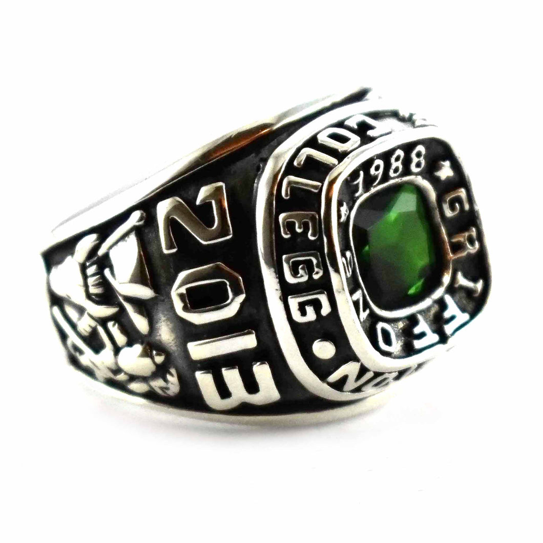 Green cubic zirconia silver school ring