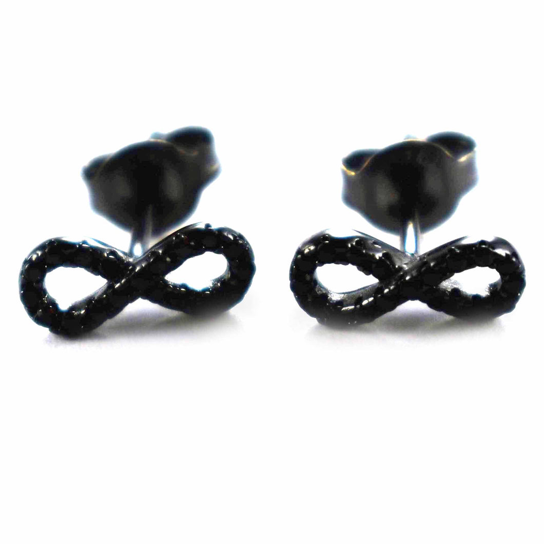 Infinity pattern silver earring with black cubic zirconia & black rhodium plating