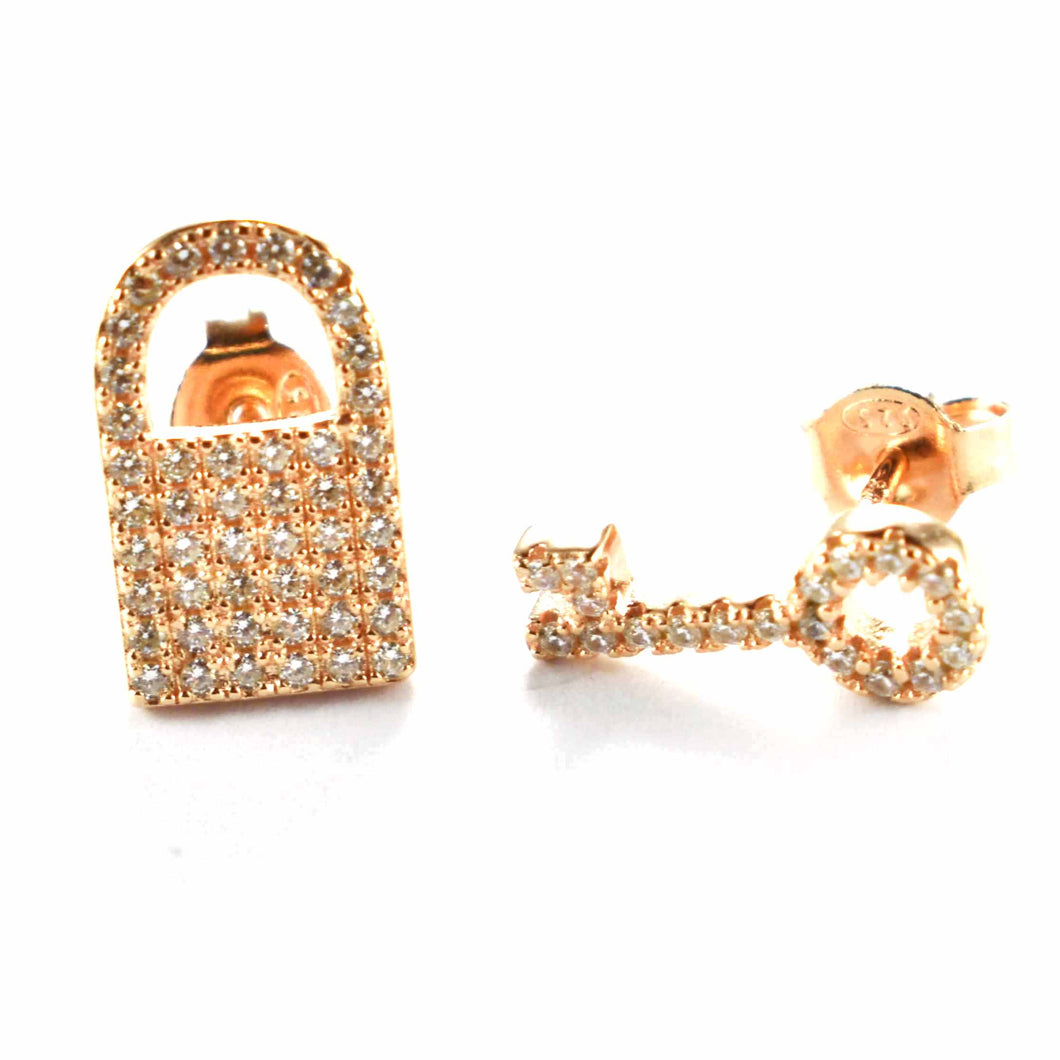 Lock & Key silver stud earring with small CZ & pink gold plating