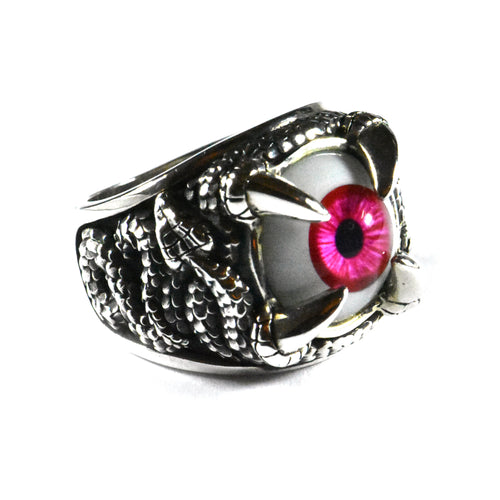 Red eye silver ring with dragon pattern