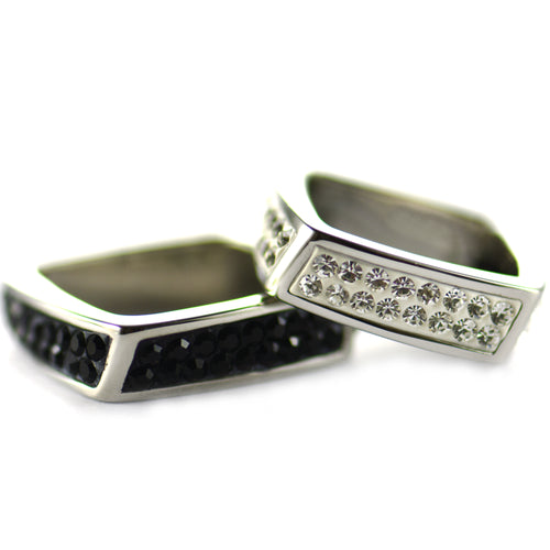 Square stainless steel couple ring with black & white CZ