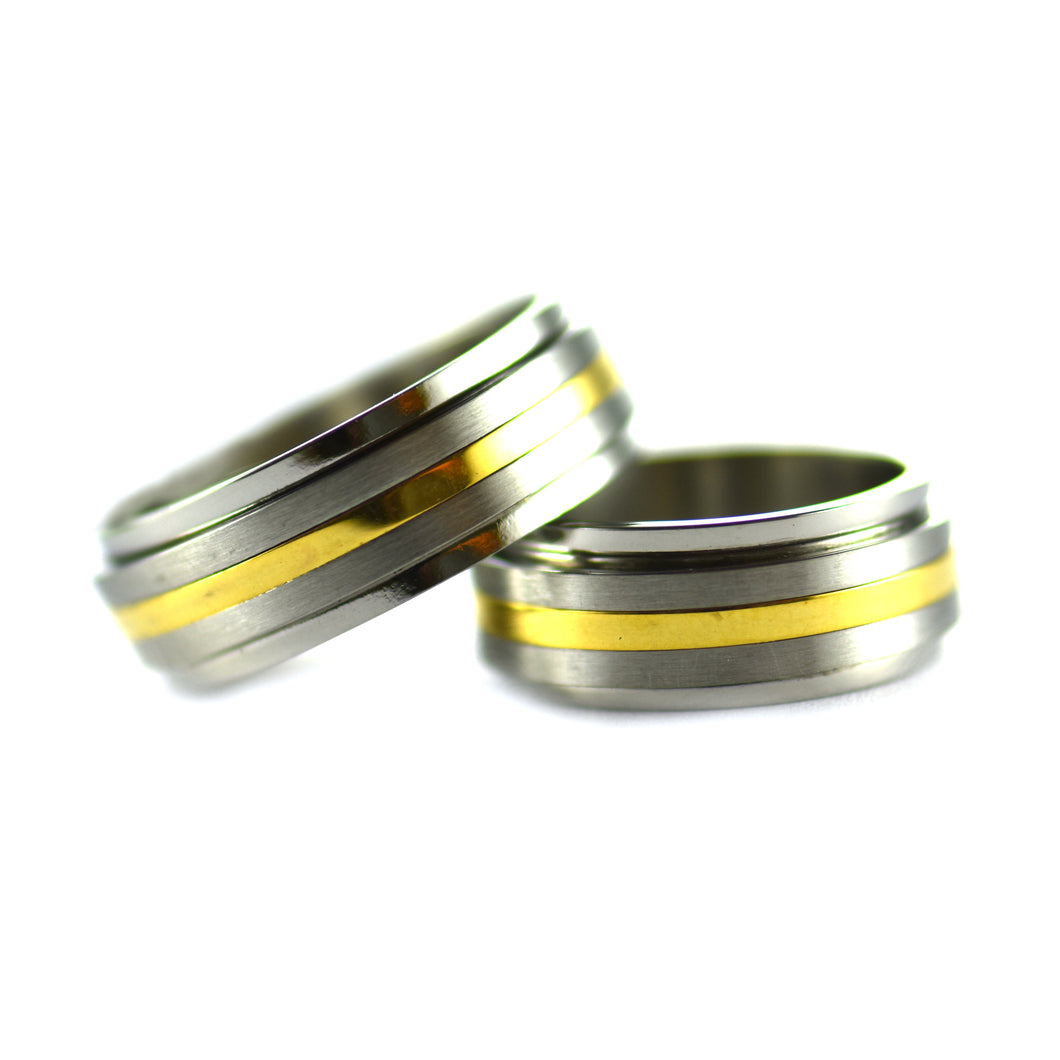 Turning stainless steel couple ring with 18K gold plating
